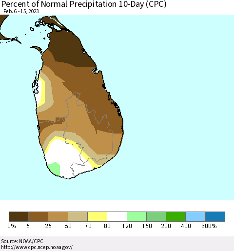 Sri Lanka Percent of Normal Precipitation 10-Day (CPC) Thematic Map For 2/6/2023 - 2/15/2023