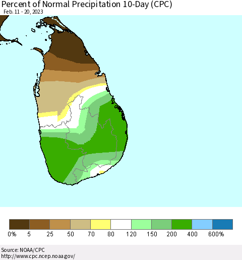 Sri Lanka Percent of Normal Precipitation 10-Day (CPC) Thematic Map For 2/11/2023 - 2/20/2023