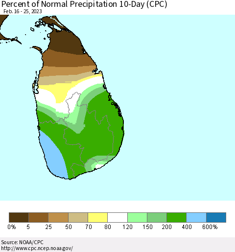 Sri Lanka Percent of Normal Precipitation 10-Day (CPC) Thematic Map For 2/16/2023 - 2/25/2023