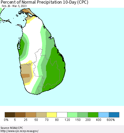 Sri Lanka Percent of Normal Precipitation 10-Day (CPC) Thematic Map For 2/26/2023 - 3/5/2023