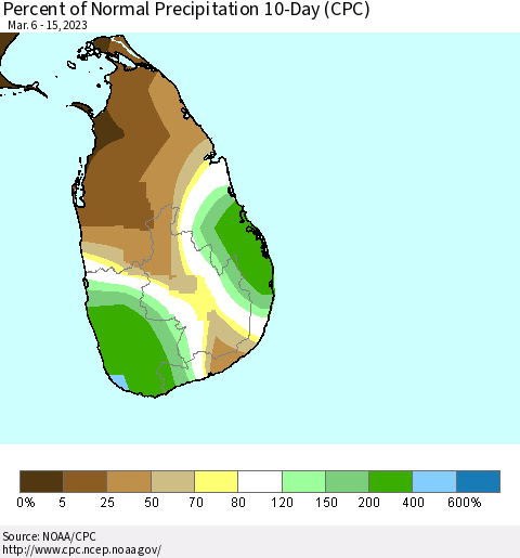 Sri Lanka Percent of Normal Precipitation 10-Day (CPC) Thematic Map For 3/6/2023 - 3/15/2023