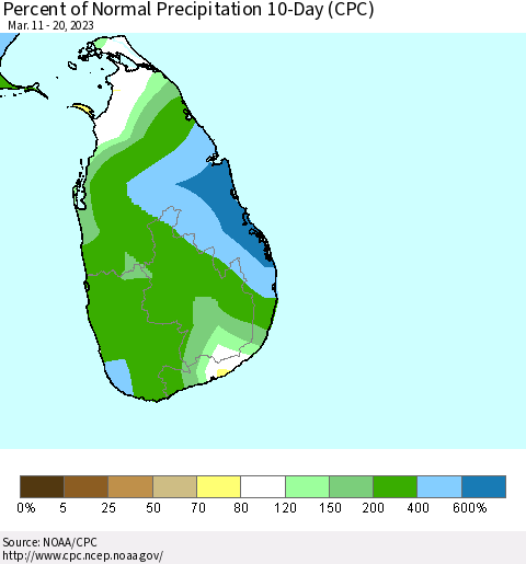 Sri Lanka Percent of Normal Precipitation 10-Day (CPC) Thematic Map For 3/11/2023 - 3/20/2023