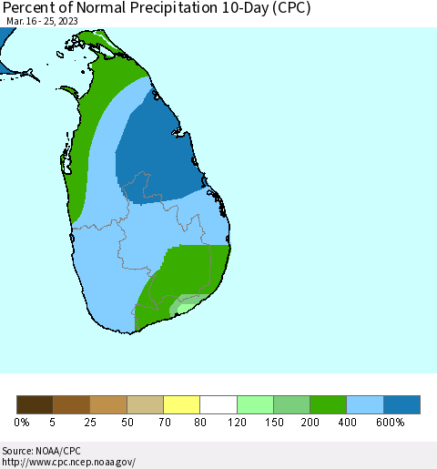 Sri Lanka Percent of Normal Precipitation 10-Day (CPC) Thematic Map For 3/16/2023 - 3/25/2023