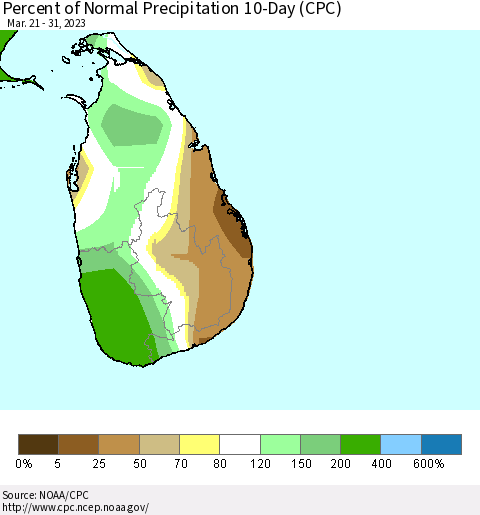 Sri Lanka Percent of Normal Precipitation 10-Day (CPC) Thematic Map For 3/21/2023 - 3/31/2023