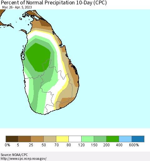 Sri Lanka Percent of Normal Precipitation 10-Day (CPC) Thematic Map For 3/26/2023 - 4/5/2023