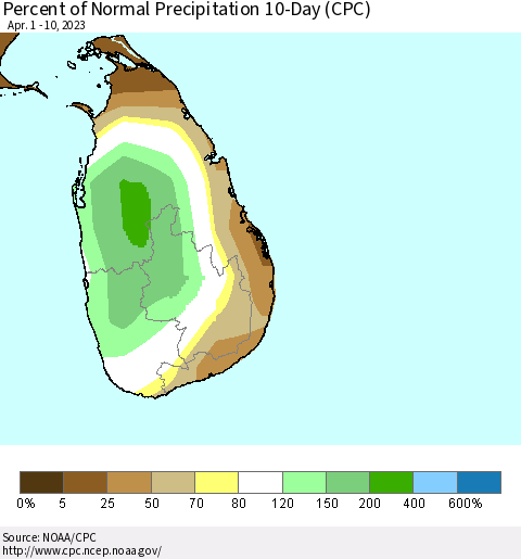 Sri Lanka Percent of Normal Precipitation 10-Day (CPC) Thematic Map For 4/1/2023 - 4/10/2023