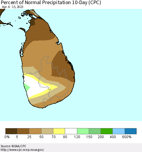 Sri Lanka Percent of Normal Precipitation 10-Day (CPC) Thematic Map For 4/6/2023 - 4/15/2023