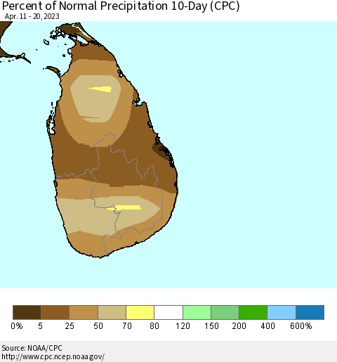 Sri Lanka Percent of Normal Precipitation 10-Day (CPC) Thematic Map For 4/11/2023 - 4/20/2023