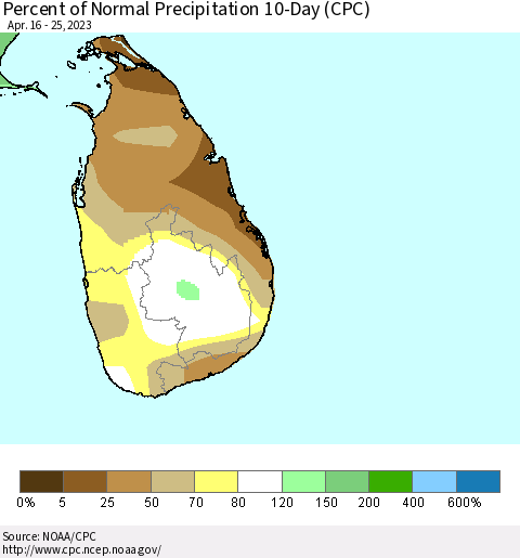 Sri Lanka Percent of Normal Precipitation 10-Day (CPC) Thematic Map For 4/16/2023 - 4/25/2023