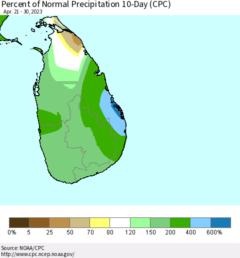 Sri Lanka Percent of Normal Precipitation 10-Day (CPC) Thematic Map For 4/21/2023 - 4/30/2023