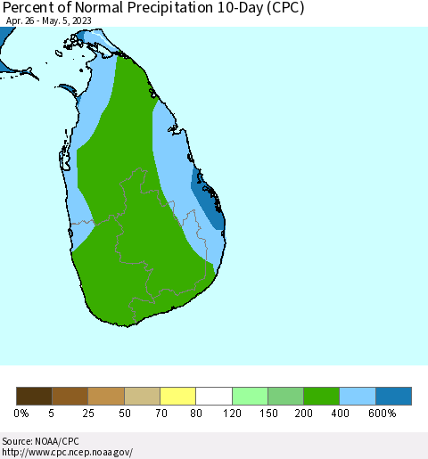 Sri Lanka Percent of Normal Precipitation 10-Day (CPC) Thematic Map For 4/26/2023 - 5/5/2023