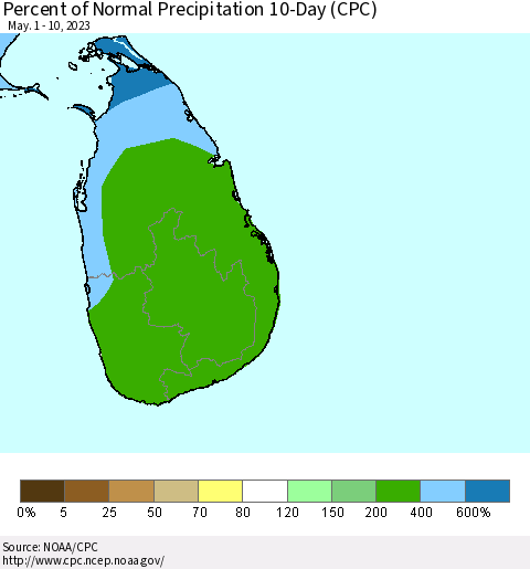 Sri Lanka Percent of Normal Precipitation 10-Day (CPC) Thematic Map For 5/1/2023 - 5/10/2023