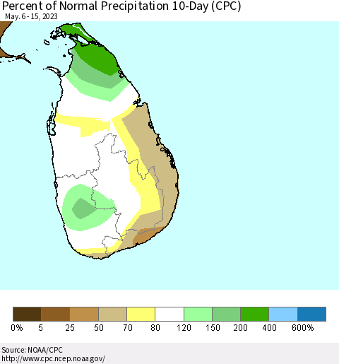 Sri Lanka Percent of Normal Precipitation 10-Day (CPC) Thematic Map For 5/6/2023 - 5/15/2023