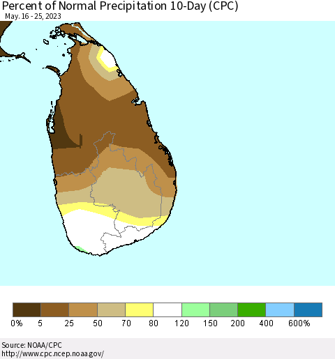 Sri Lanka Percent of Normal Precipitation 10-Day (CPC) Thematic Map For 5/16/2023 - 5/25/2023