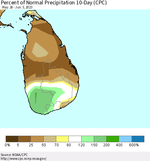 Sri Lanka Percent of Normal Precipitation 10-Day (CPC) Thematic Map For 5/26/2023 - 6/5/2023