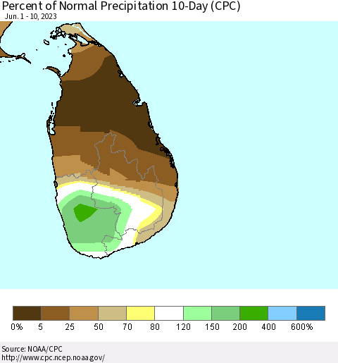 Sri Lanka Percent of Normal Precipitation 10-Day (CPC) Thematic Map For 6/1/2023 - 6/10/2023