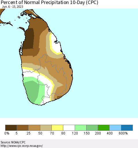 Sri Lanka Percent of Normal Precipitation 10-Day (CPC) Thematic Map For 6/6/2023 - 6/15/2023