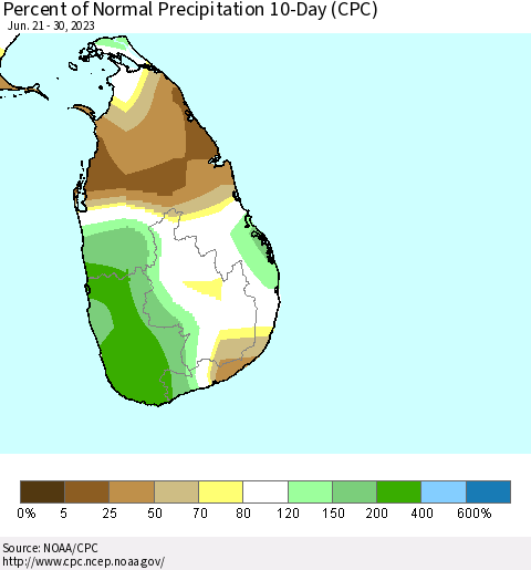 Sri Lanka Percent of Normal Precipitation 10-Day (CPC) Thematic Map For 6/21/2023 - 6/30/2023