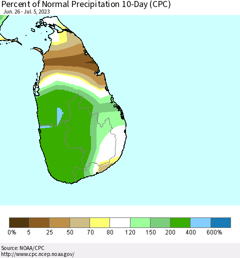 Sri Lanka Percent of Normal Precipitation 10-Day (CPC) Thematic Map For 6/26/2023 - 7/5/2023