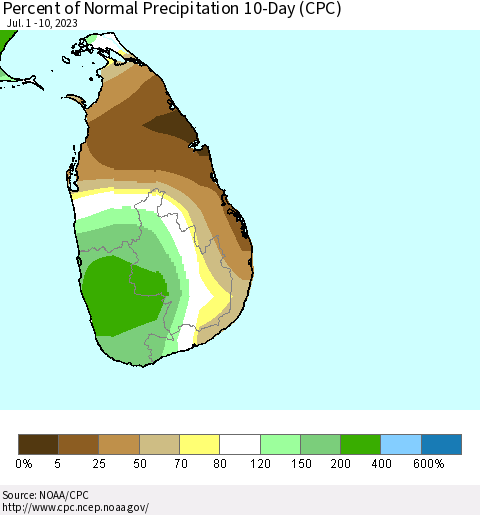 Sri Lanka Percent of Normal Precipitation 10-Day (CPC) Thematic Map For 7/1/2023 - 7/10/2023
