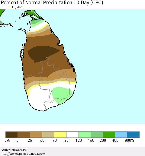 Sri Lanka Percent of Normal Precipitation 10-Day (CPC) Thematic Map For 7/6/2023 - 7/15/2023
