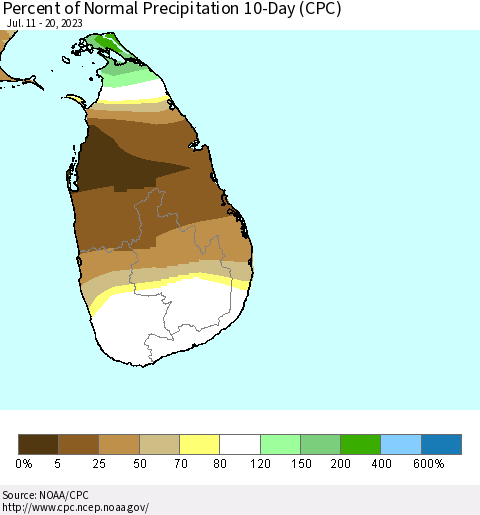 Sri Lanka Percent of Normal Precipitation 10-Day (CPC) Thematic Map For 7/11/2023 - 7/20/2023