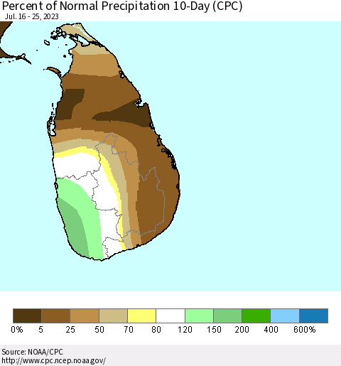 Sri Lanka Percent of Normal Precipitation 10-Day (CPC) Thematic Map For 7/16/2023 - 7/25/2023