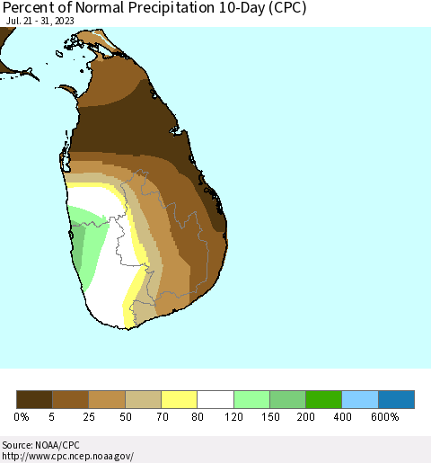 Sri Lanka Percent of Normal Precipitation 10-Day (CPC) Thematic Map For 7/21/2023 - 7/31/2023