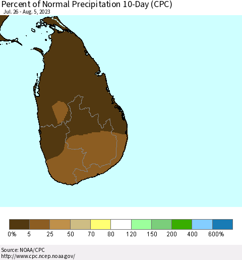 Sri Lanka Percent of Normal Precipitation 10-Day (CPC) Thematic Map For 7/26/2023 - 8/5/2023