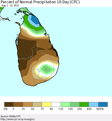 Sri Lanka Percent of Normal Precipitation 10-Day (CPC) Thematic Map For 8/1/2023 - 8/10/2023
