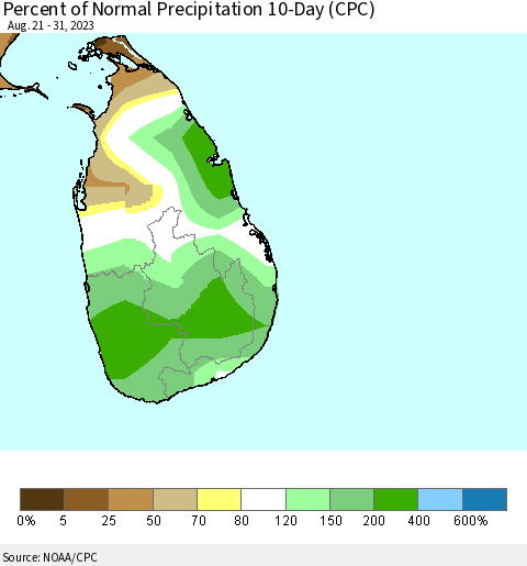 Sri Lanka Percent of Normal Precipitation 10-Day (CPC) Thematic Map For 8/21/2023 - 8/31/2023