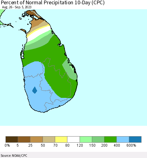 Sri Lanka Percent of Normal Precipitation 10-Day (CPC) Thematic Map For 8/26/2023 - 9/5/2023
