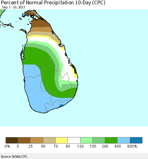 Sri Lanka Percent of Normal Precipitation 10-Day (CPC) Thematic Map For 9/1/2023 - 9/10/2023