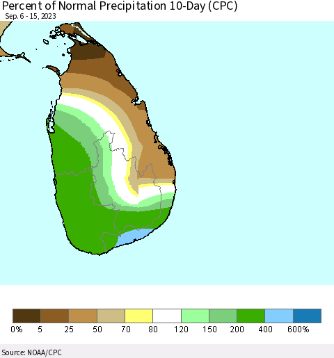 Sri Lanka Percent of Normal Precipitation 10-Day (CPC) Thematic Map For 9/6/2023 - 9/15/2023