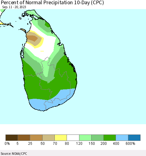 Sri Lanka Percent of Normal Precipitation 10-Day (CPC) Thematic Map For 9/11/2023 - 9/20/2023