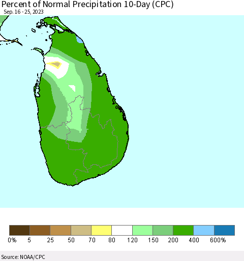 Sri Lanka Percent of Normal Precipitation 10-Day (CPC) Thematic Map For 9/16/2023 - 9/25/2023