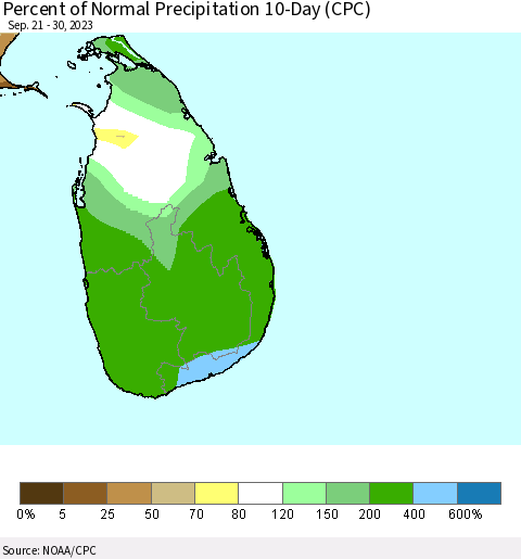Sri Lanka Percent of Normal Precipitation 10-Day (CPC) Thematic Map For 9/21/2023 - 9/30/2023