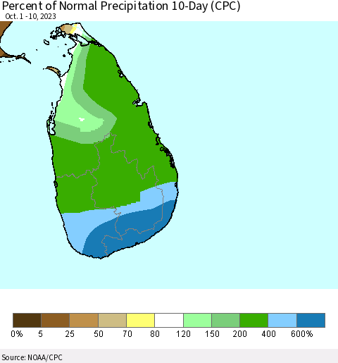 Sri Lanka Percent of Normal Precipitation 10-Day (CPC) Thematic Map For 10/1/2023 - 10/10/2023