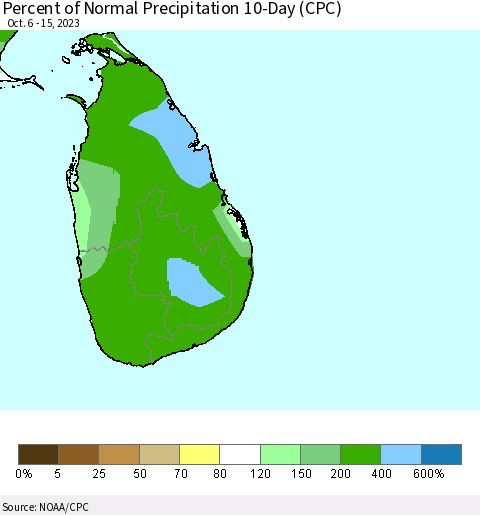 Sri Lanka Percent of Normal Precipitation 10-Day (CPC) Thematic Map For 10/6/2023 - 10/15/2023