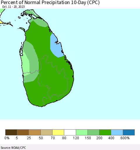 Sri Lanka Percent of Normal Precipitation 10-Day (CPC) Thematic Map For 10/11/2023 - 10/20/2023