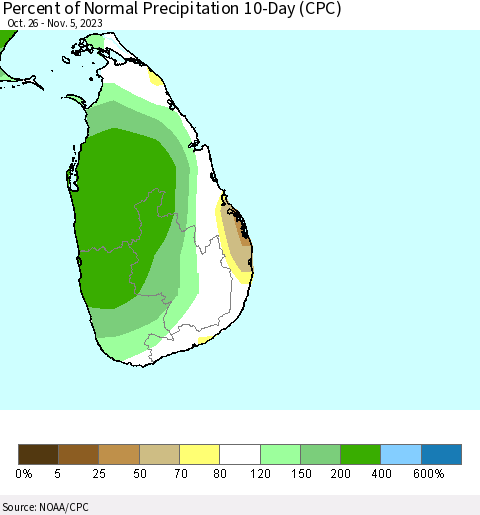 Sri Lanka Percent of Normal Precipitation 10-Day (CPC) Thematic Map For 10/26/2023 - 11/5/2023