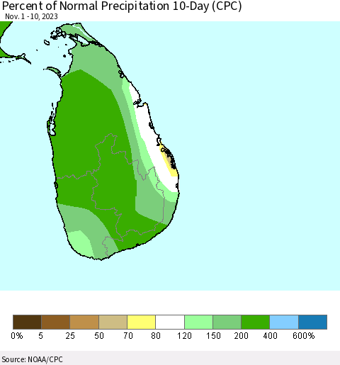 Sri Lanka Percent of Normal Precipitation 10-Day (CPC) Thematic Map For 11/1/2023 - 11/10/2023