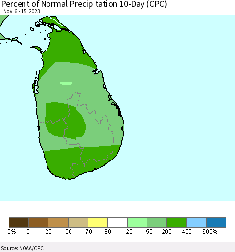 Sri Lanka Percent of Normal Precipitation 10-Day (CPC) Thematic Map For 11/6/2023 - 11/15/2023