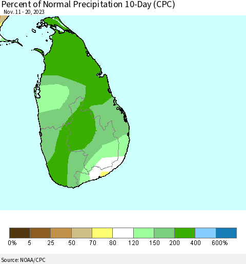Sri Lanka Percent of Normal Precipitation 10-Day (CPC) Thematic Map For 11/11/2023 - 11/20/2023