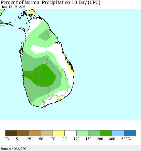 Sri Lanka Percent of Normal Precipitation 10-Day (CPC) Thematic Map For 11/16/2023 - 11/25/2023