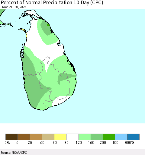 Sri Lanka Percent of Normal Precipitation 10-Day (CPC) Thematic Map For 11/21/2023 - 11/30/2023