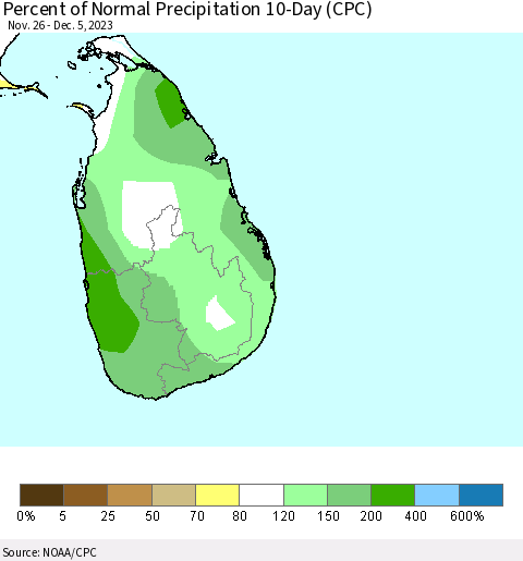 Sri Lanka Percent of Normal Precipitation 10-Day (CPC) Thematic Map For 11/26/2023 - 12/5/2023