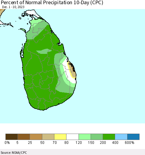 Sri Lanka Percent of Normal Precipitation 10-Day (CPC) Thematic Map For 12/1/2023 - 12/10/2023