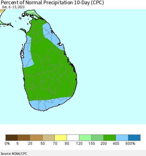 Sri Lanka Percent of Normal Precipitation 10-Day (CPC) Thematic Map For 12/6/2023 - 12/15/2023