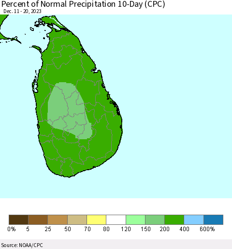 Sri Lanka Percent of Normal Precipitation 10-Day (CPC) Thematic Map For 12/11/2023 - 12/20/2023
